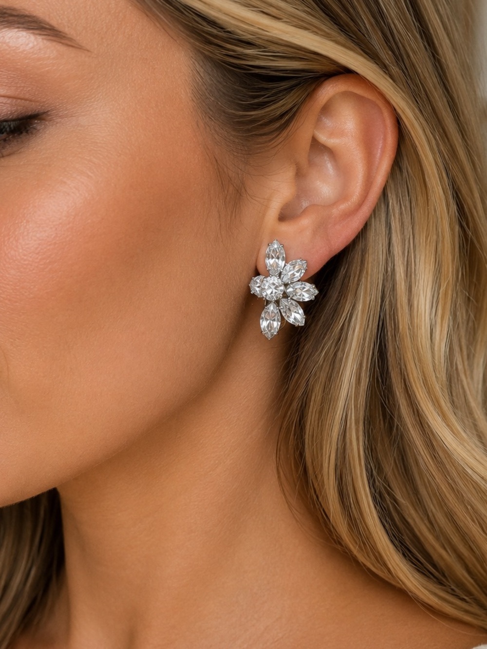 Vintage Crystal like Floral Statement Earrings Clip-On